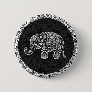 Weiße Paisley Elephant Black Damasks Hintergrund Button