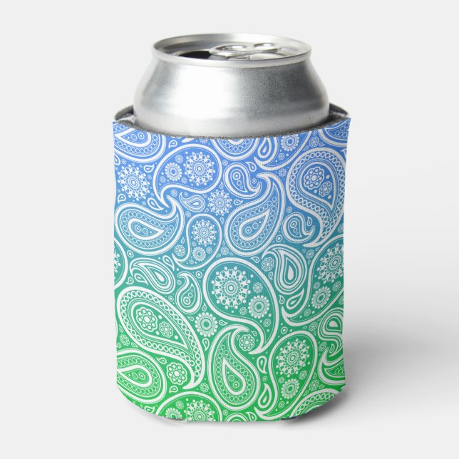 Weiße Paisley-Muster auf grün bis blau ombre Dosenkühler (Kanne Vorderseite)