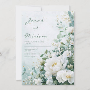 Weiße Päonie Minze Grün Gold Aquarell Hochzeit Einladung