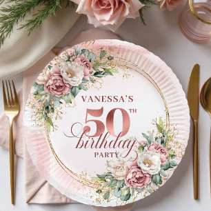 Weiße Peonie-Roségold-Papierplatten zum 50. Geburt Pappteller