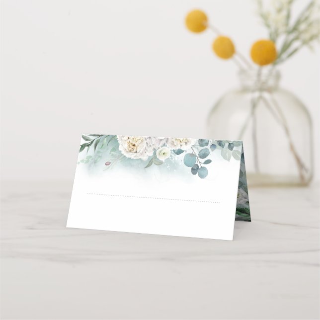 Weiße Peonies und Grüne Elegante Hochzeit Platzkarte (Vorderseite)