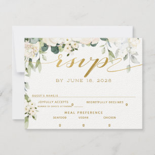 Weiße Peony-Epiphanie-Hochzeit-RSVP-Rückantwortkar Einladung