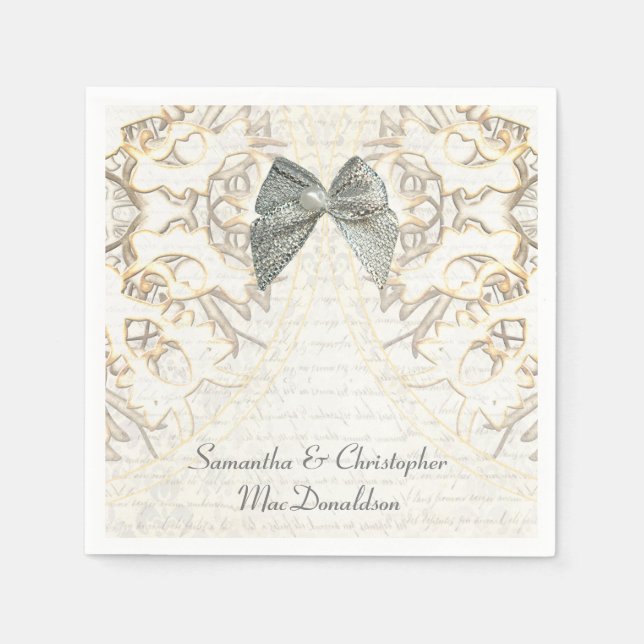 Weiße Pergament-Spitze alte Damastenhochzeit Serviette (Vorderseite)