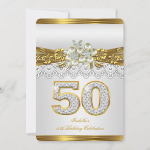 Weiße Perle Goldene Spitze Floral 50. Geburtstagsf Einladung