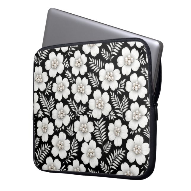Weiße Perlen in Blumenmuster Laptopschutzhülle (Vorderseite Links)