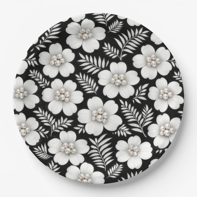 Weiße Perlen in Blumenmuster Pappteller (Vorderseite)