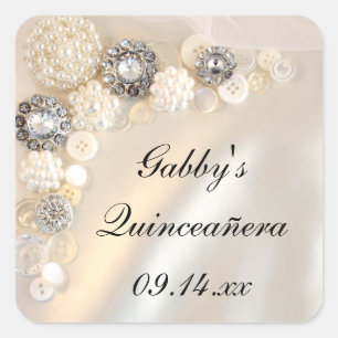 Weiße Perlen- und Diamantknöpfe Quinceañera Quadratischer Aufkleber