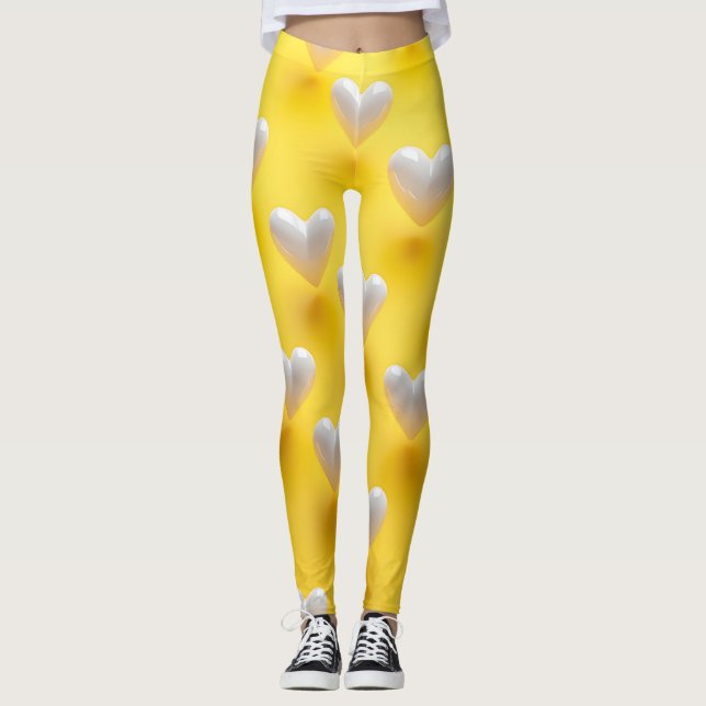 Weiße Perlenherzen auf Gelb Leggings (Vorderseite)
