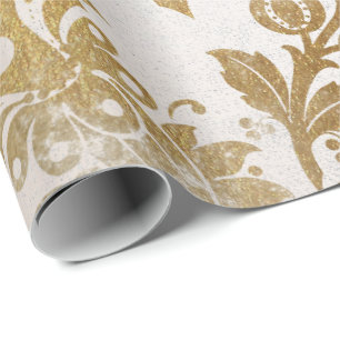 Weiße perlige GoldblumenHütten-Grungy Damast Geschenkpapier