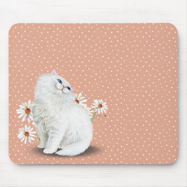 Weiße Perserkatze auf Button-Punktmuster Mouse Pad Mousepad (Vorne)
