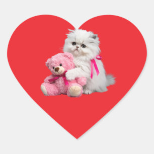 Weiße Perserkatze und Teddybär-Aufkleberbogen Herz-Aufkleber
