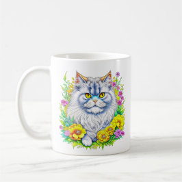 Weiße persische Katze bei Blume Kaffeetasse