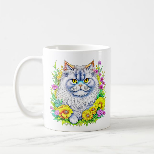 Weiße persische Katze bei Blume Kaffeetasse (Links)