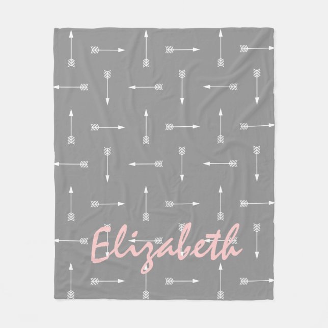Weiße Pfeile auf Dove Grau mit Baby Pink Fleecedecke (Vorderseite)