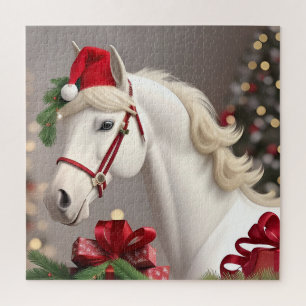Weiße Pferd Santa Hut Weihnachtsszene für die Feie