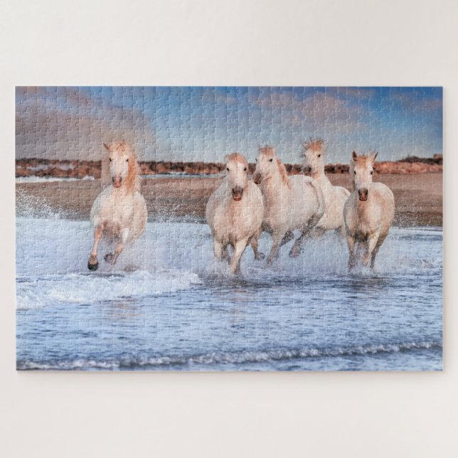 Weiße Pferde galoppieren am Strand| Natur (Horizontal)