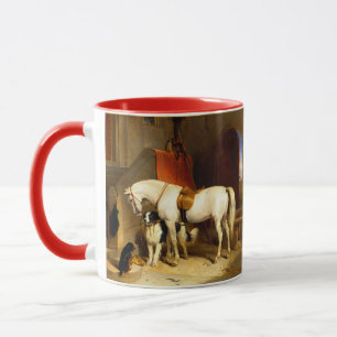 WEISSE PFERDE MIT HUNDEN UND FALKEN IN STABILER TASSE