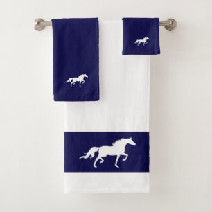 Weiße Pferdesilhouette auf Marineblau und Weiß Badhandtuch Set
