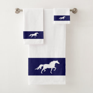 Weiße Pferdesilhouette auf Marineblau und Weiß Badhandtuch Set
