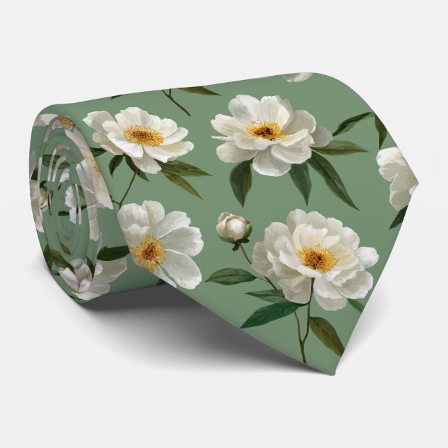 Weiße Pfingstrosen-Blumenmuster Krawatte (Gerollt)