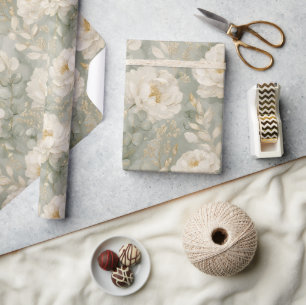 Weiße Pfingstrosen Floral Salbei Grün Gold Elegant Geschenkpapier