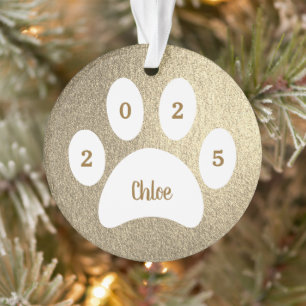 Weiße Pfotenabdruck Goldene Katzenfoto mit Namen J Ornament