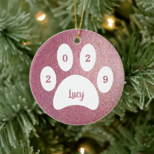 Weiße Pfotenabdruck-Roségold-Hunde-Foto-Name-Jahr Keramik Ornament