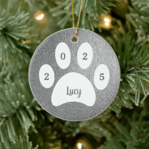 Weiße Pfotenabdruck-Silber-Hunde-Foto mit Namen Ja Keramik Ornament