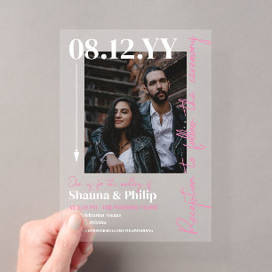 Weiße Pink Pfeil-Typografie-Foto-Hochzeit Acryleinladungen