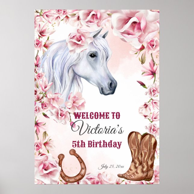 Weiße pinkfarbene Blume Cowgirl Geburtshilfe willk Poster (Vorne)