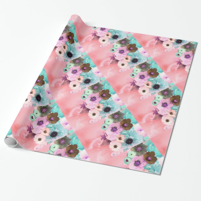 WEISSE PINKROSEN UND ANEMONBLUME GESCHENKPAPIER (Ungerollt)