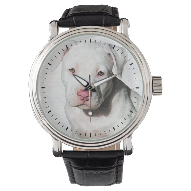 Weiße Pitbull Welpe Wasserfarbe Schwarze Tick Mark Armbanduhr (Vorderseite)