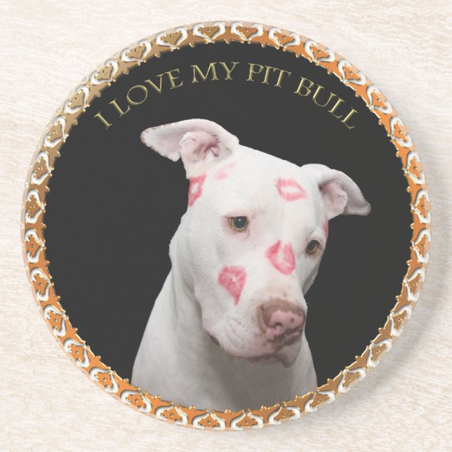 Weiße Pitbulle mit roten Küssen über sein Gesicht. Getränkeuntersetzer (Vorne)
