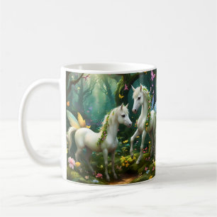 Weiße Pixie Fantasy Pferde im magischen Garten, Kaffeetasse