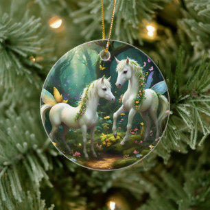 Weiße Pixie Fantasy Pferde im magischen Garten, Keramik Ornament