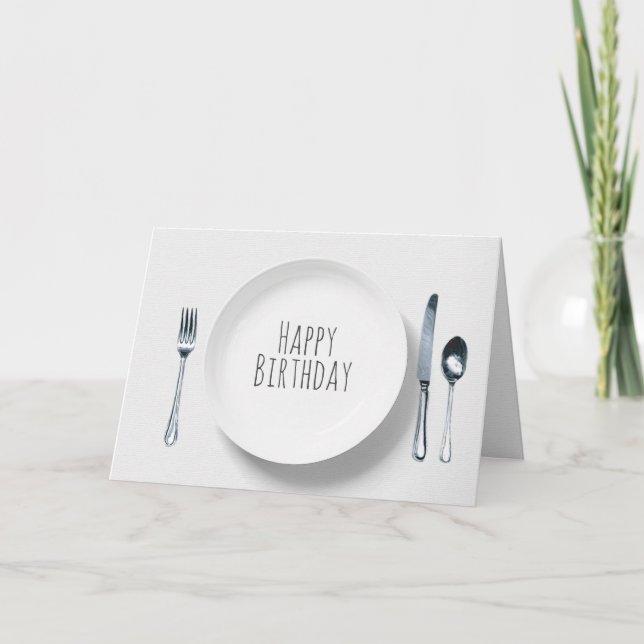 weiße Platte mit Silbergeschirr Geburtstag Karte (Vorderseite)