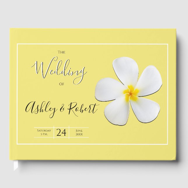 Weiße Plumeria-Blume auf Gelb, Moderne Hochzeit Gästebuch (Vorderseite)