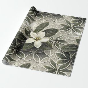 Weiße Plumeria-Salbei-Grüne Botanikfliese Geschenkpapier