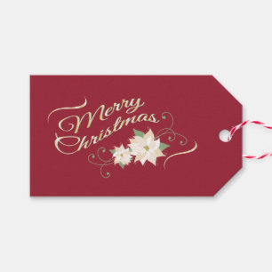 Weiße Poinsettias auf Dunkelrot, Frohe Weihnachte Geschenkanhänger