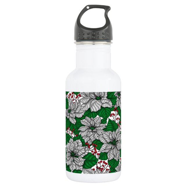 Weiße Poinsettie, Weihnachtsmuster Edelstahlflasche (Vorderseite)