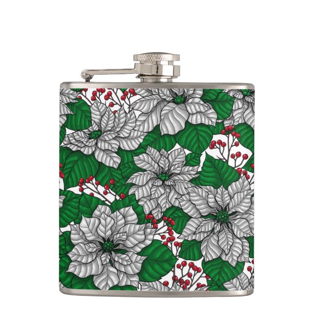 Weiße Poinsettie, Weihnachtsmuster Flachmann (Vorderseite)