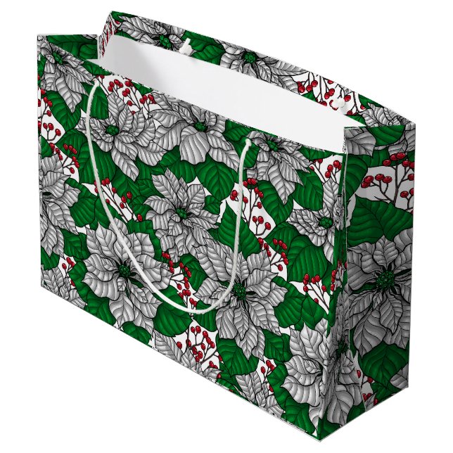 Weiße Poinsettie, Weihnachtsmuster Große Geschenktüte (Rückseite Schrägansicht)