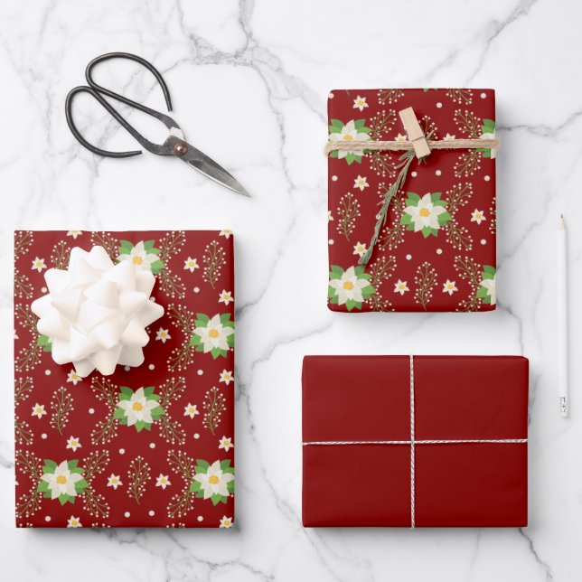 Weiße Poinsettien auf rotem Hintergrund Geschenkpapier Set (Vorderseite)