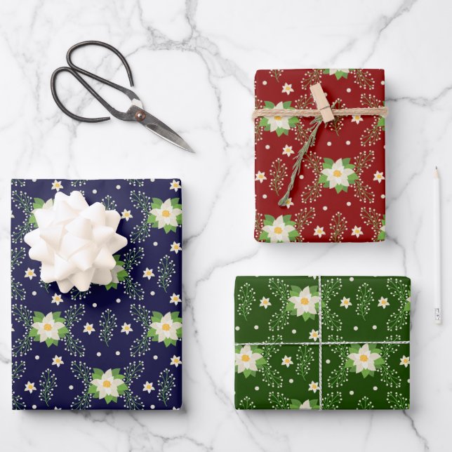 Weiße Poinsettien mit grünem Rot und blauem Hinter Geschenkpapier Set (Vorderseite)
