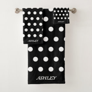 Weiße Polka Dots auf Schwarz-Bath-Handtuch-Set Badhandtuch Set