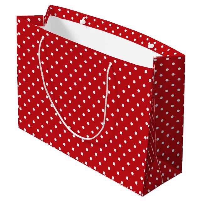 Weiße Polka Dots Muster auf festlichem Rot Große Geschenktüte (Rückseite Schrägansicht)