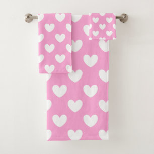 Weiße Polka Herzen auf Cotton Candy Pink Badhandtuch Set