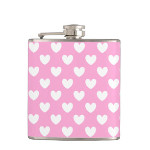Weiße Polka Herzen auf Cotton Candy Pink Flachmann