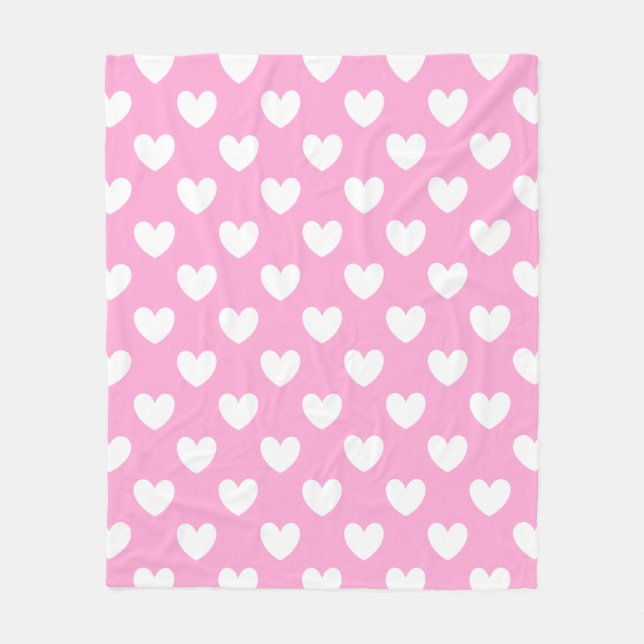 Weiße Polka Herzen auf Cotton Candy Pink Fleecedecke (Vorderseite)