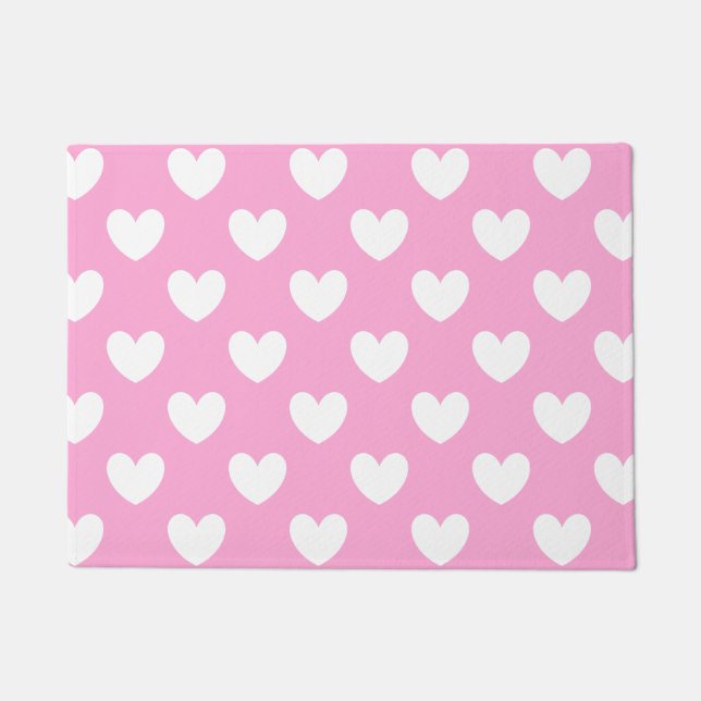 Weiße Polka Herzen auf Cotton Candy Pink Fußmatte (Vorderseite)